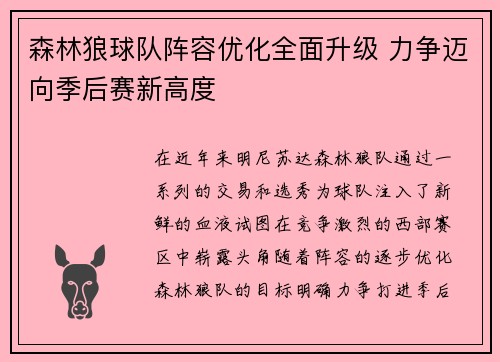 森林狼球队阵容优化全面升级 力争迈向季后赛新高度