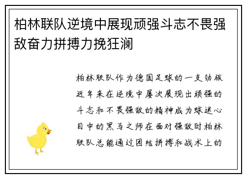 柏林联队逆境中展现顽强斗志不畏强敌奋力拼搏力挽狂澜